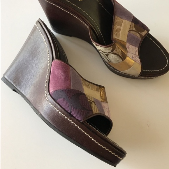 Y2K COACH SIGNATURE CHELSEA PLATFORM PATCHWORK LEATHER SZ 6M BROWN WEDGES HEELS - Picture 1 of 15